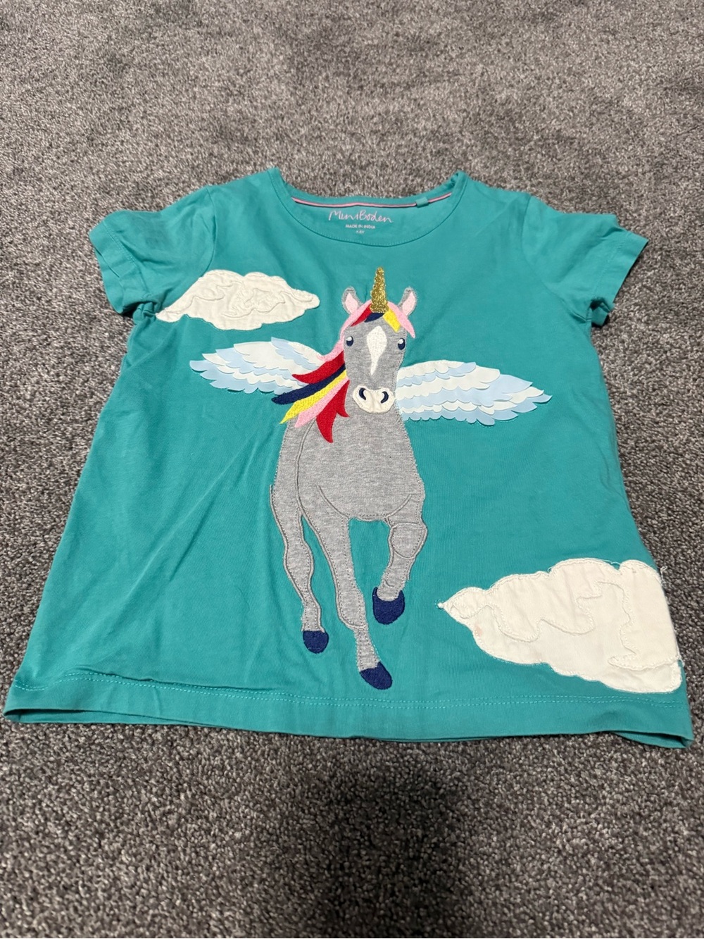 Mini Boden Teal Unicorn Pegasus Appliqué Tee Sz 7-8